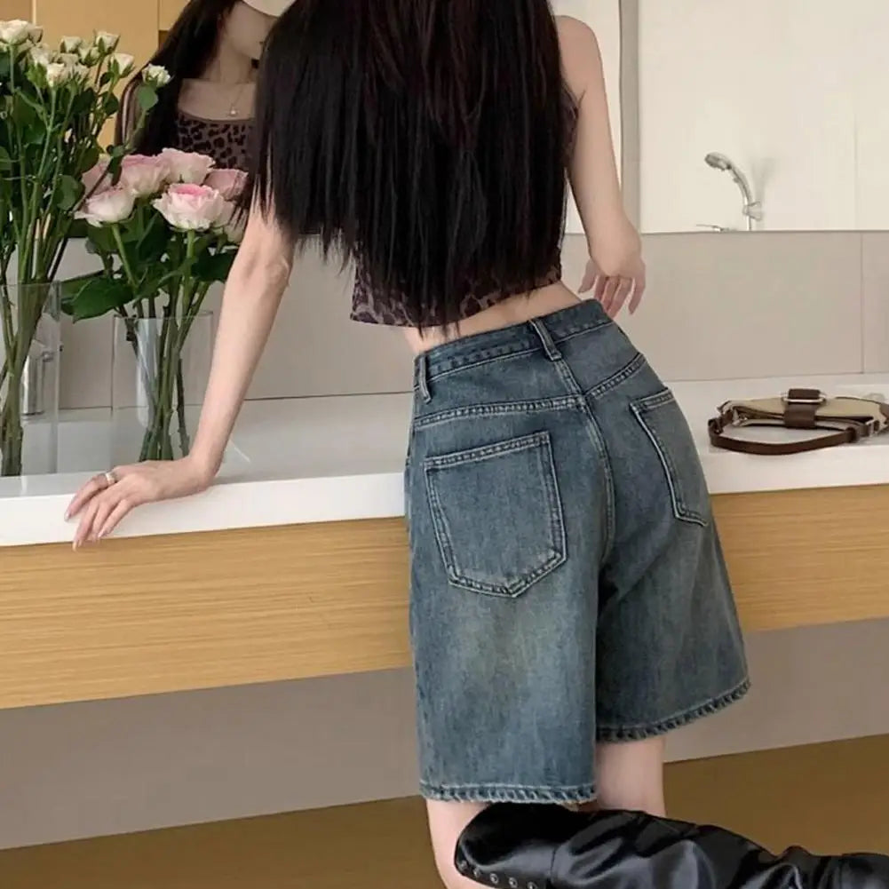 Retro Style Women Denim Shorts High Waist Vintage Washed Straight Wide Leg Button Zipper Knee Length Jeans Shorts Summer