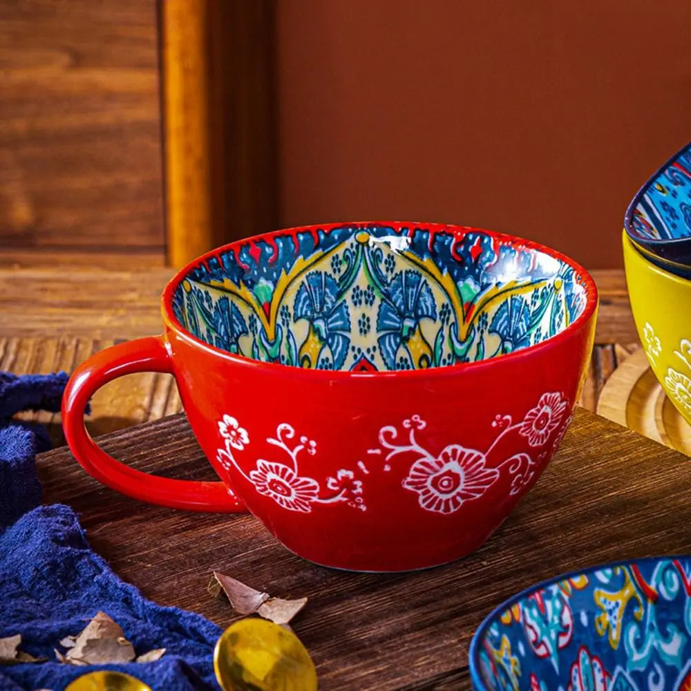 Creative Ceramic Bohemian Breakfast Cup Retro Flower Pattern Coffee Mug Microwaveable Large Capacity Milk Cup Friend Gift