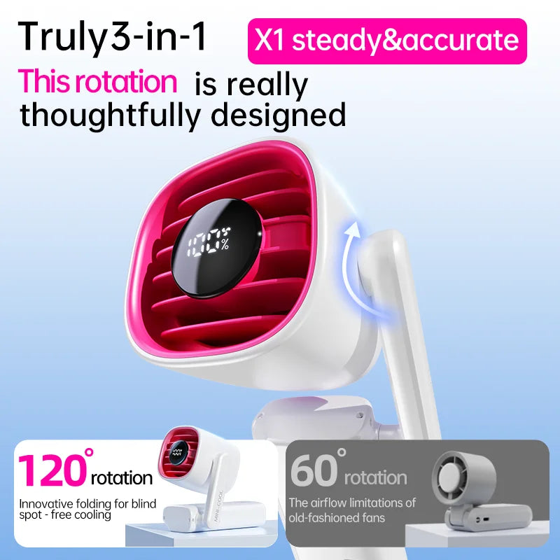 3-in-1 Foldable Rotating Fan (USB-Charged) Powerful airflow at 16,000 RPM, 120° rotation, suitable for various settings