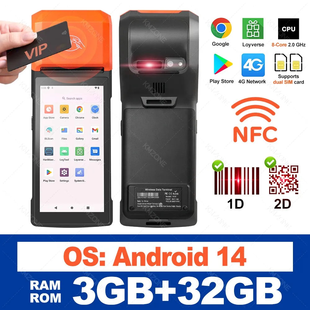 Handheld Android 13/14 PDA Printer 58MM Mobile Receipt Bill Thermal Printer 5.5 Inch Touch Screen Bluetooth Wifi NFC 2D Scanner