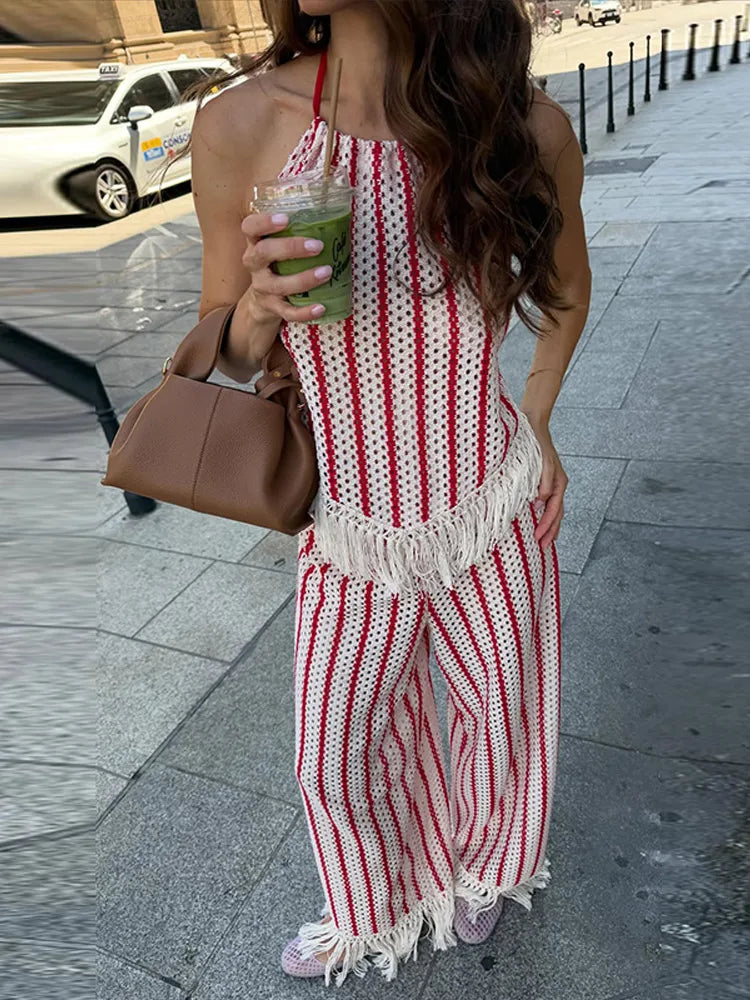 Halter Vertical Striped Fringe Two Piece Set Sleeveless Tank Top Loose Wide Leg Pants Women 2026 Summer Holiday Beach Chic Suit