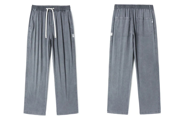 Summer Soft Lyocell Fabric Men's Jeans Thin Loose Straight Pants Drawstring Elastic Waist Korea Casual Trousers Plus Size M-5XL