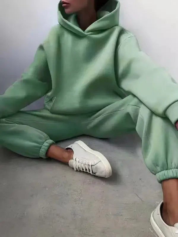 Two Piece Pant Sets Women Solid Thick Sweatshirts Hooded Full Sleeve Elastic Waist Spliced Long Pants Pockets Casual Suits