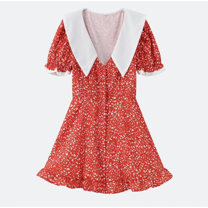 Red Floral Print Peter Pan Collar Dress Women Puff Sleeve V-neck High Waist A-line Mini Dresses Lady Evening Dinner Vestido 2026