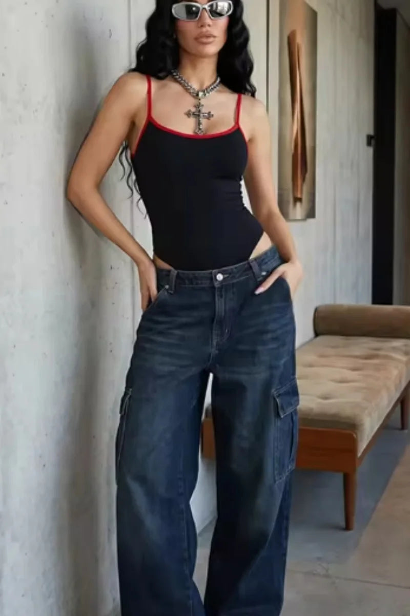 Women's Jumpsuit 2026 Summer New Cute Hot Girl Style Fashion Round Neck Color-Blocked Piping Straps Cotton Blend Fabric