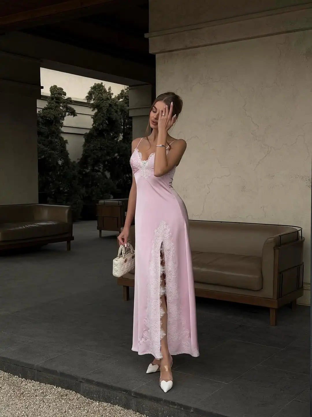 Women's Pink Satin Lace Patchwork Split Dress Sexy V-neck Sleeveless Backless Slim Maxi Gowns 2026 Female Evening Party Vestidos