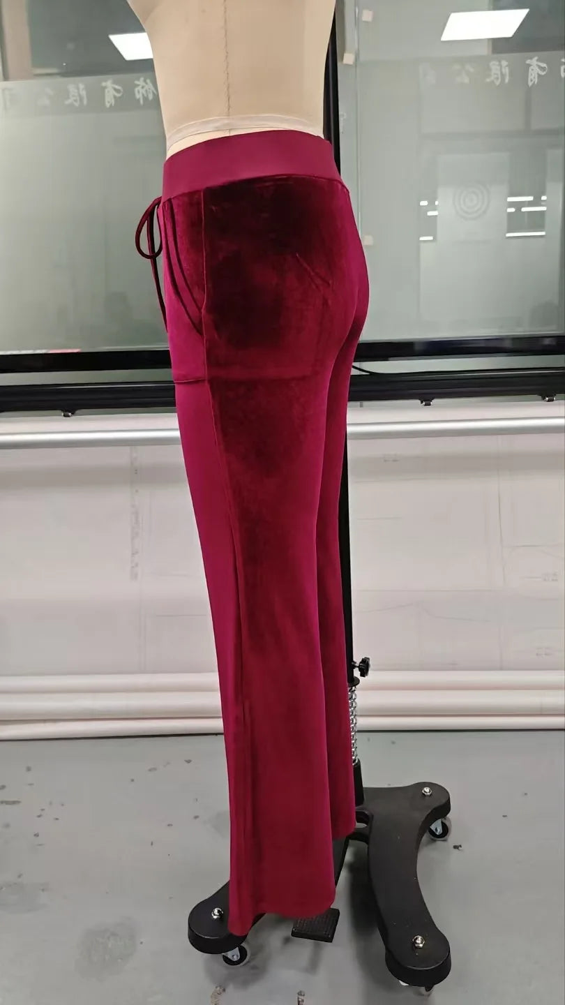 2026 Women's Velvet Trousers Fashion Velvet Solid Color High-Waisted Drawstring Pocket Flared Pant Autumn Winter Casual Pants