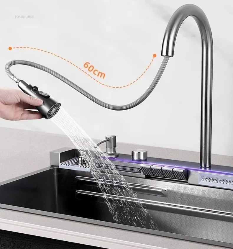 Modern Kitchen Sink Smart Digital Display Single Slot with Cup Washer Stainless Steel Luxury Design for Apartments