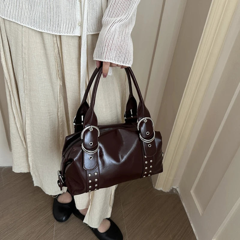 Vintage Style PU Leather Women Shoulder Bag Large Capacity High Quality Fashion Rivet Handbag Daily Use Y2K Motorcycle Bag