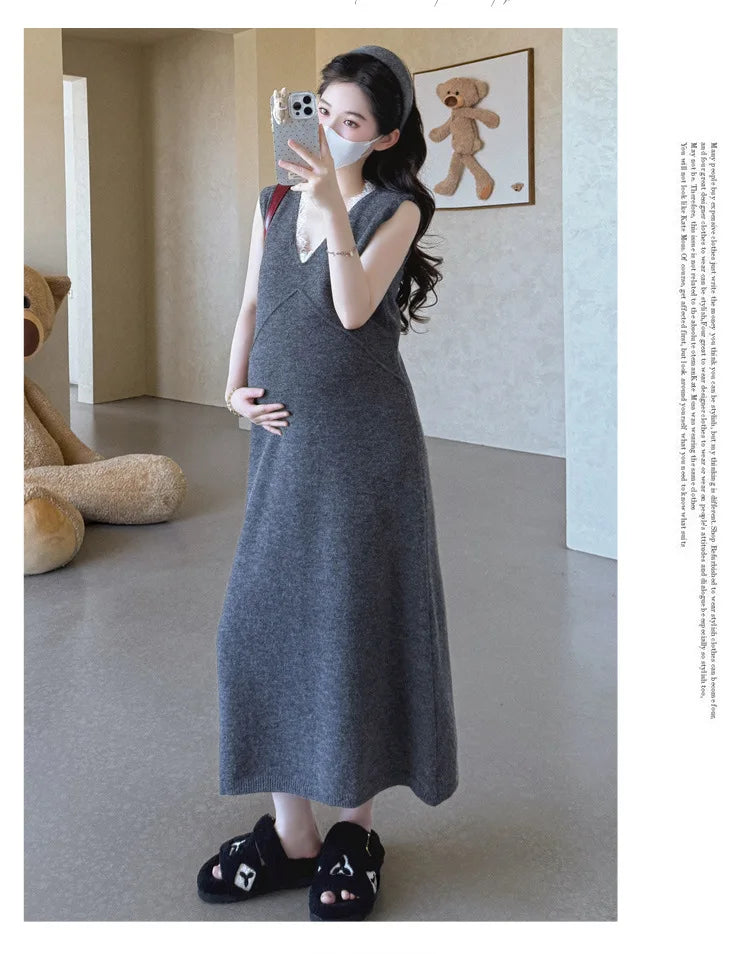 Maternity Suit  Autumn High-End Lazy Style Versatile Long Coat And Lace Paneled V Neck Straight Tank Dress Two Piece Set