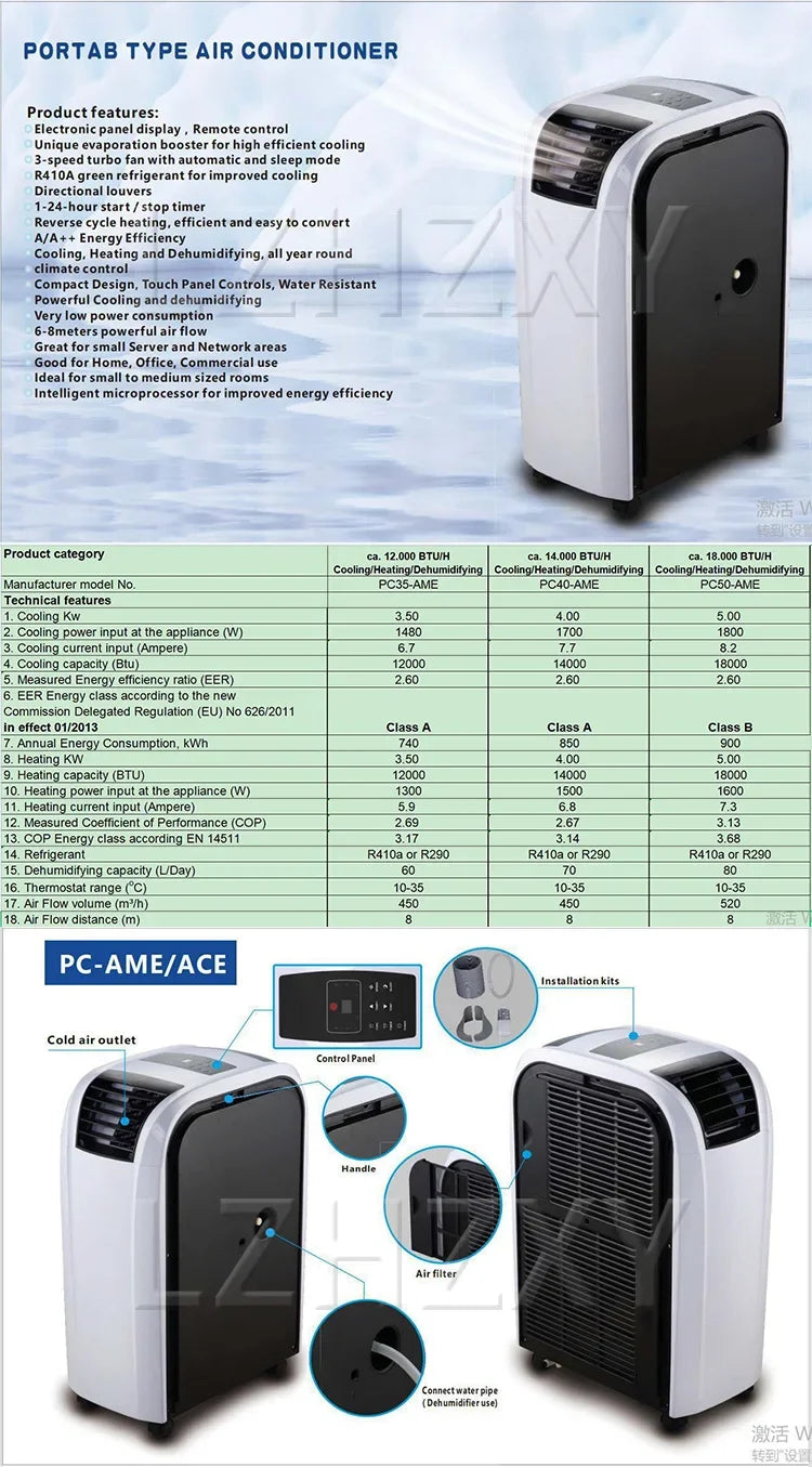 14,000 BTU Portable Air Conditioner Cooling/Dehumidifying/Fan; Tower Dehumidifier; Portable Air Conditioner 4KW
