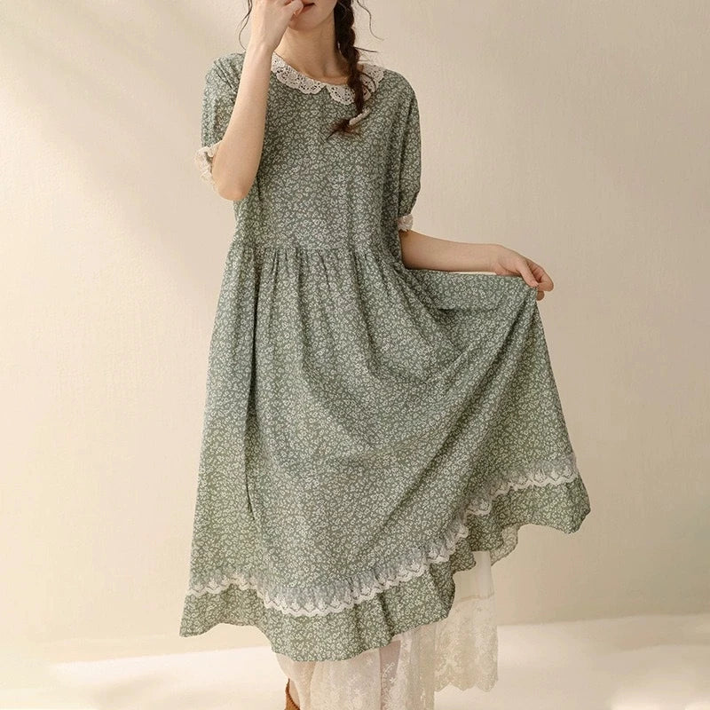 Vintage Ruffled Cotton Linen Flower Dress Women's New Summer Peter Pan Collar Short Sleeve Loose Boho Dress Casual Midi Vestidos