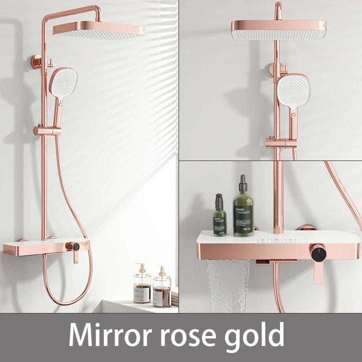 Brushed Gold Piao Bathroom Shower System Set Brass Waterfall Bathroom Faucet 12 Inch Rain Shower Head Hot Cold Piano Shower Set