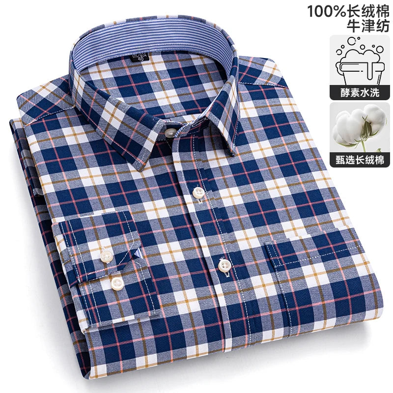 S-6XL Oxford Shirts for Men Long Sleeve Pure Cotton Solid Stripe Leisure Embroidered Horse Streetwear Business Plain Office 6XL