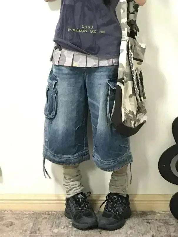 Summer Women American Retro Cargo Jorts Boyfriend Jean Shorts Y2K 2000s Denim Calf-Length Pants Japanese Harajuku High Street