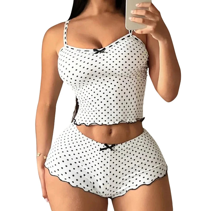 Women's Cute Dot Pajamas Set Summer Thin Sexy Tank Top And Shorts Sleepwear 2 Piece Set Female Casual Slim Elastic Home Wear