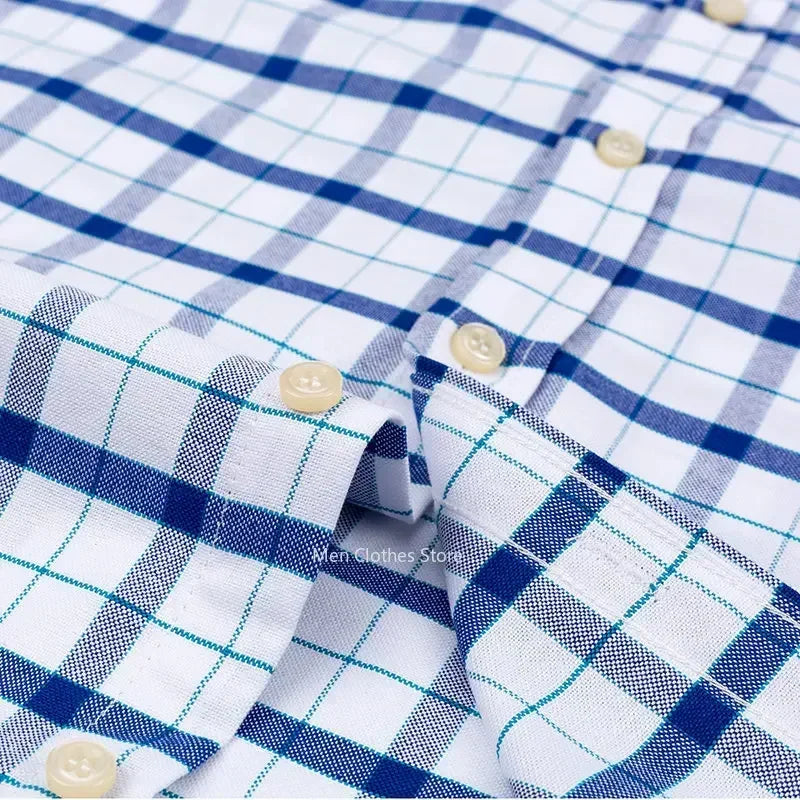 2025 100% Pure Cotton Men's Oxford Short Sleeve Square Collar Soild Plaid Striped Summer Casual Shirts Single Pocket  Shirt