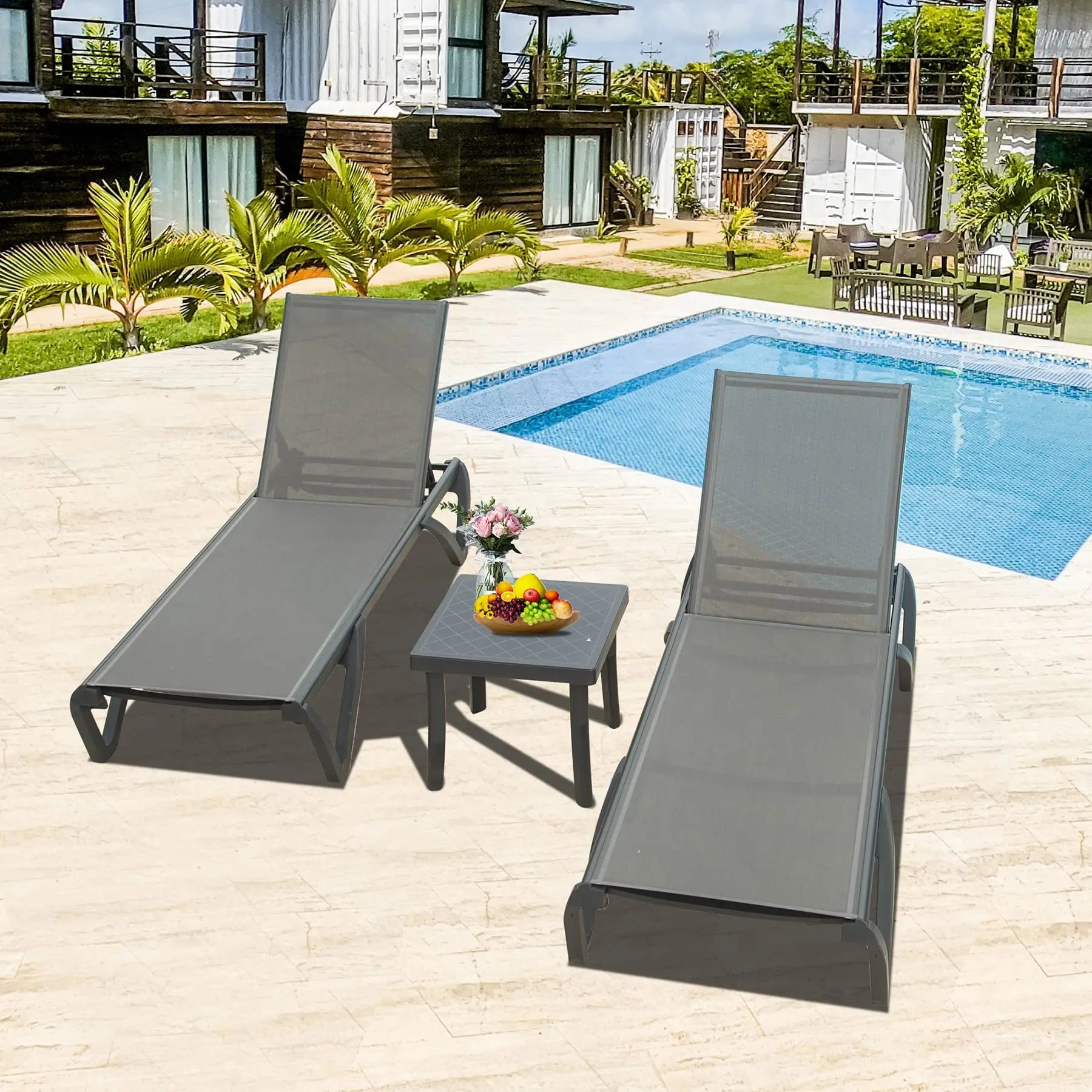 ！@！@3pcs Adjustable Aluminum Outdoor Sun Loungers Blue Textilene Side Table All Weather Leisure Deck Lawn Poolside Backyard Lake