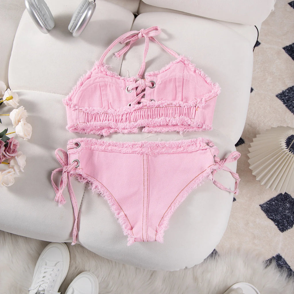 DEKA Retro Women Bikini Denim Suits Summer Halter Camis+ Mini Pant Lingerie Fashion Vacation Swimsuits Sexy Bra&Briefs Sets