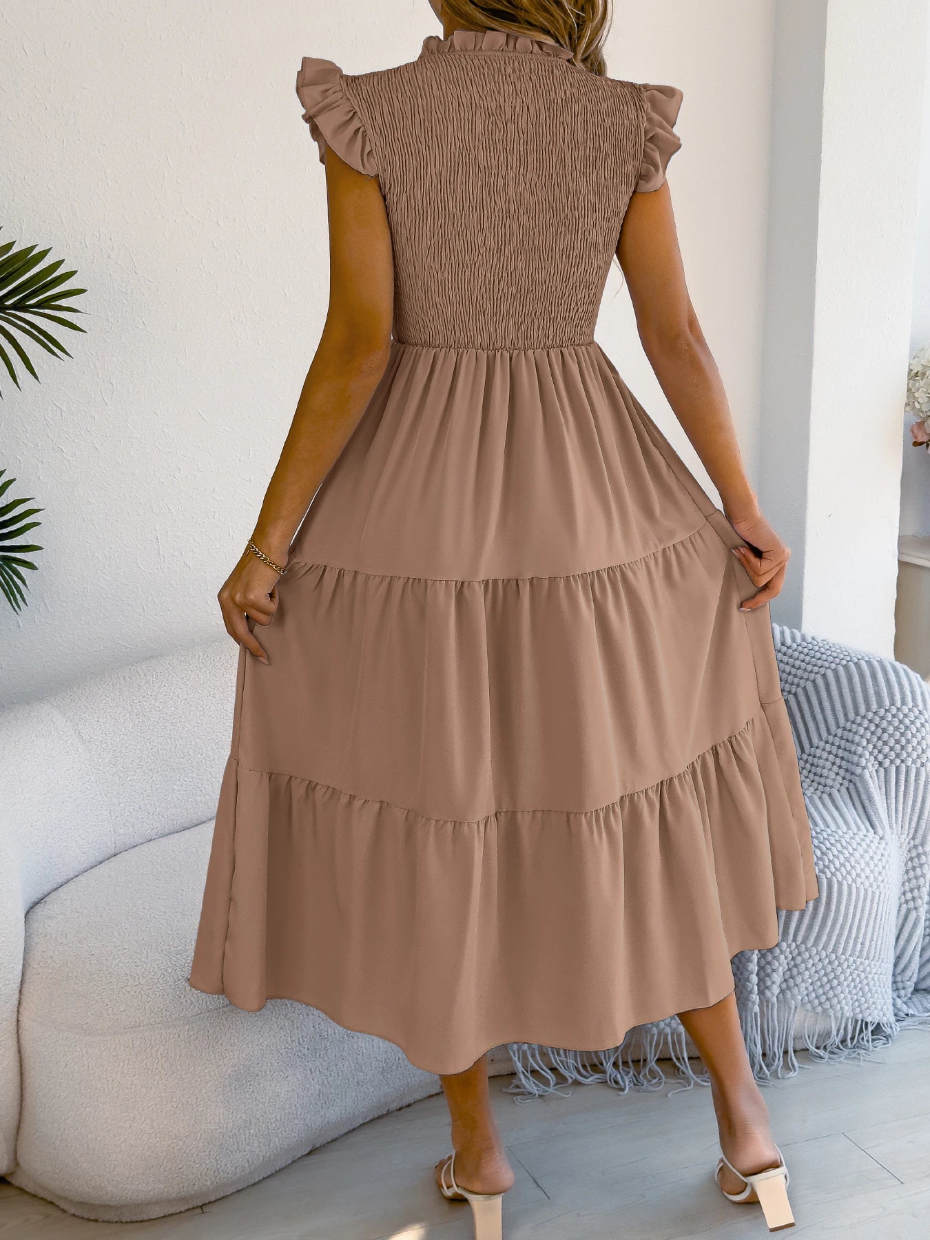 Spring Summer Elegant Ruffled Dresses for Women 2026 Casual Vacation Solid Color Round Neck Sleeveless Long Dress Blue Green