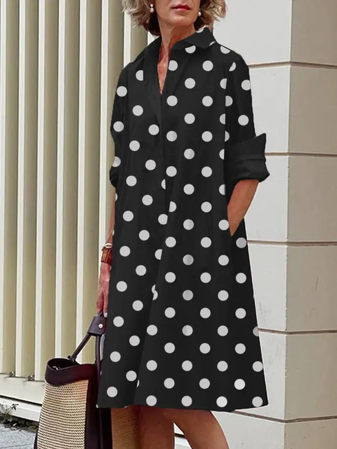 Uoozee Women's Fashion Polka Dot Lapel Shirt Dress 2026 New Spring Long Sleeves Loose Elegant Urban Casual Office Midi Dresses