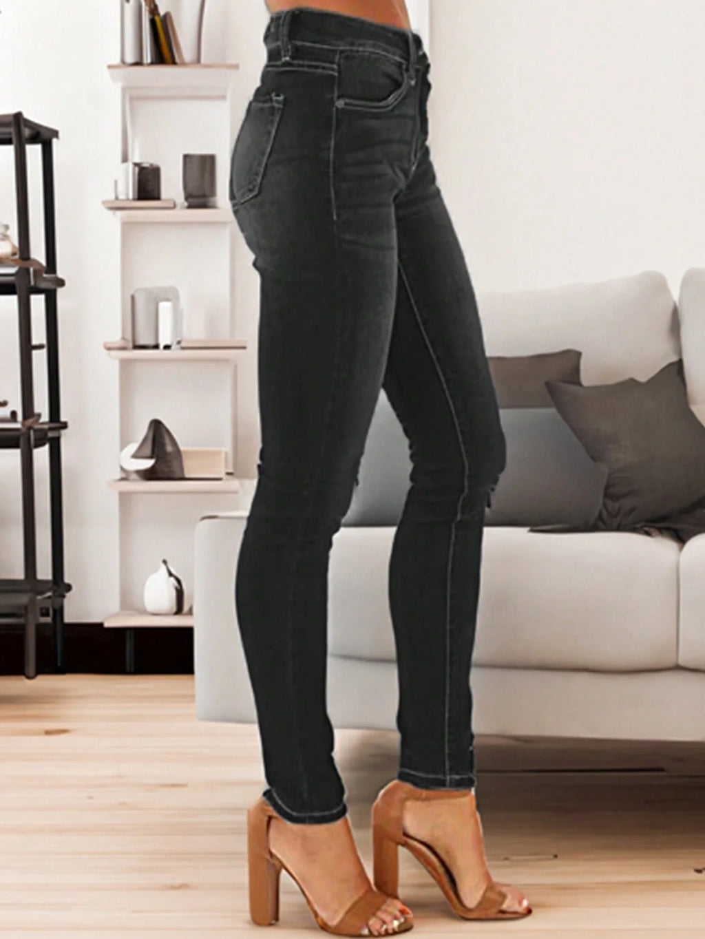Women's Fashionable Elegant Casual Versatile Washed Cat's Whisker Pattern Skinny Fit Denim Jeans for Daily Wear