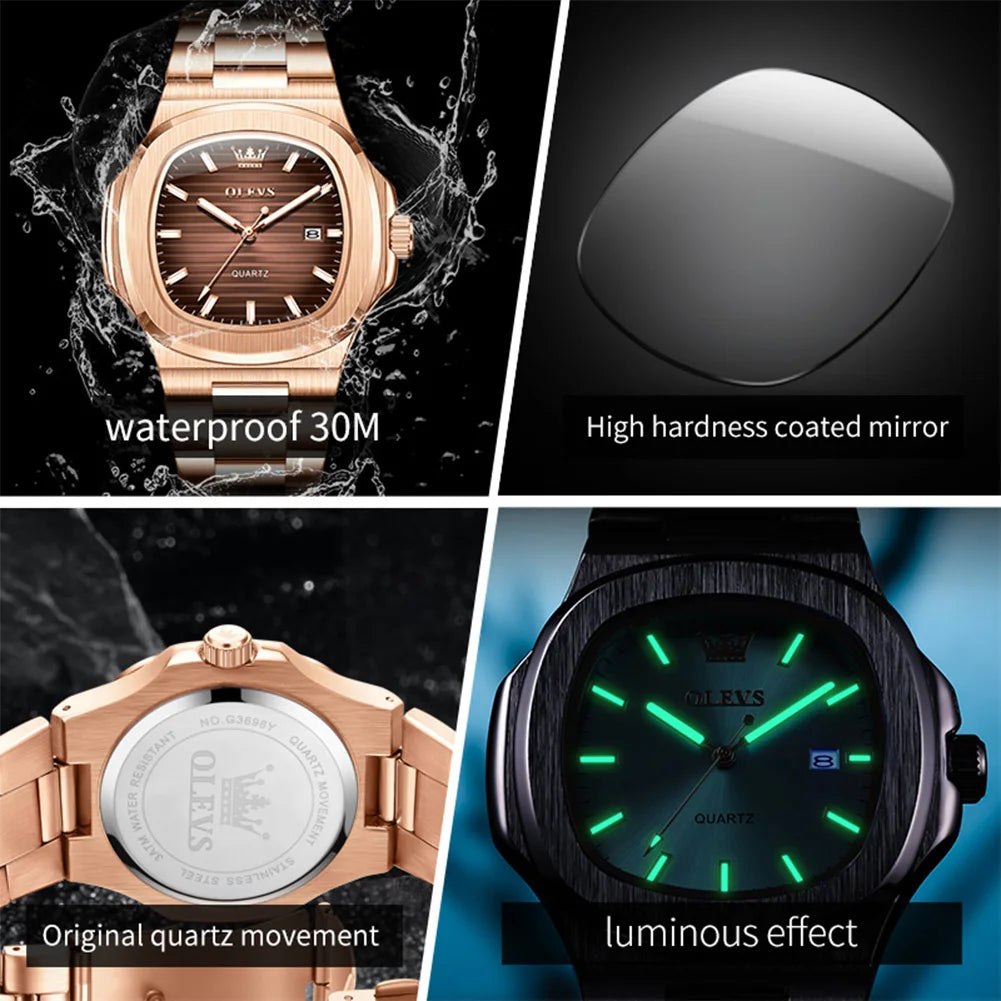 OLEVS Men Watch 3696 Fashion Trend Original Watch Luxury Square Calendar Waterproof Luminous Simple Business Men Quartz Watch