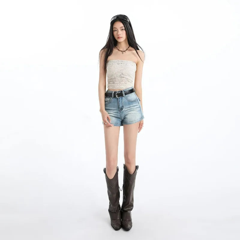 Women’s Denim Shorts Jorts Drawstring Elastic Slimming Short Denim Pants Summer Casual Loose Jeans with Pockets Versatile Jeans