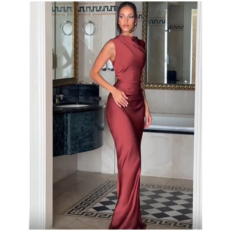 Women Fashion Solid Pleated Halter Dress Waist-cinching Sleeveless Backless Split Maxi Dresses 2026 Sexy Summer Lady Party Gowns