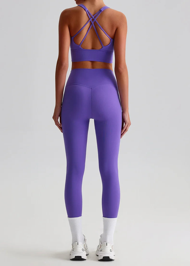 Naked Feel Yoga Set Women Fitness Sportswear 2 Piece Strappy Sports Bra High Waist Gym Leggings Workout Outfit Active Wear