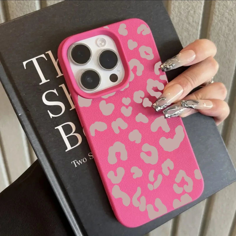 For iPhone 18 17 16 15 14 13 12 11 Pro Max Case Pink Leopard Print Lichee Pattern Silicone Cover For iPhone XS XR 16 Plus Fundas