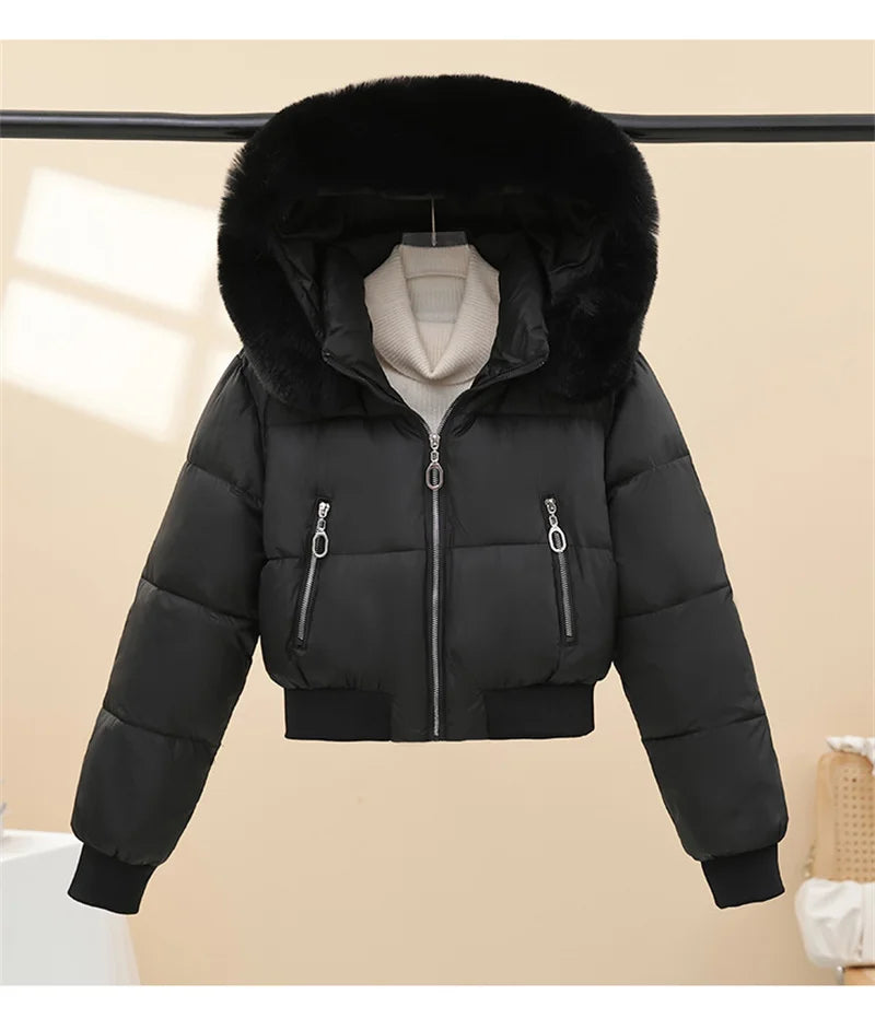 Women Winter Cotton Coat Short Fur Collar Hooded Outerwear Windproof Warm Long Sleeve Jacket Solid Color Slim Fit Lady Down Coat