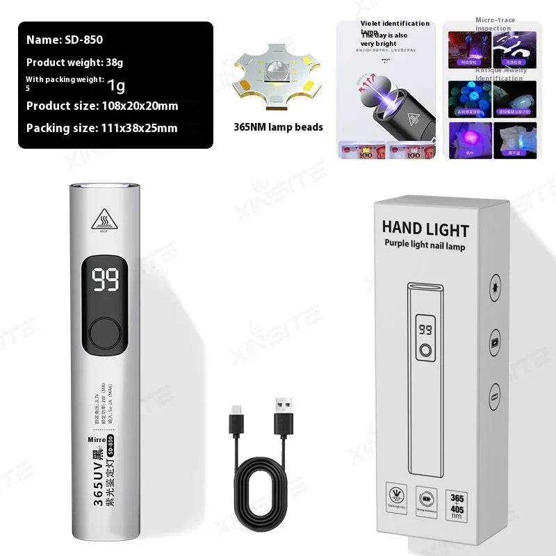 E9 Purple Light Lamp UV Flashlight 365NM Fluorescent Agent Detection USB Charging UV Nail Flashlight Currency Verification Lamp