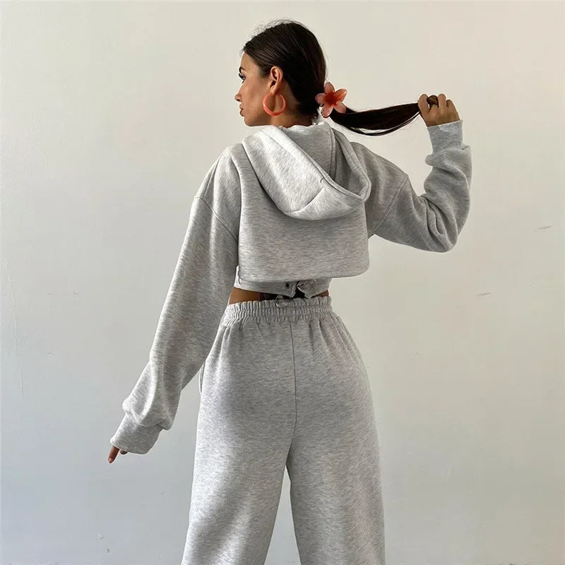 New Lace Up Pants Sets Women Slim Solid Splice Tank Tops Woman Long Sleeve Short Hoodies And Pant Suits Women Outfits Winter
