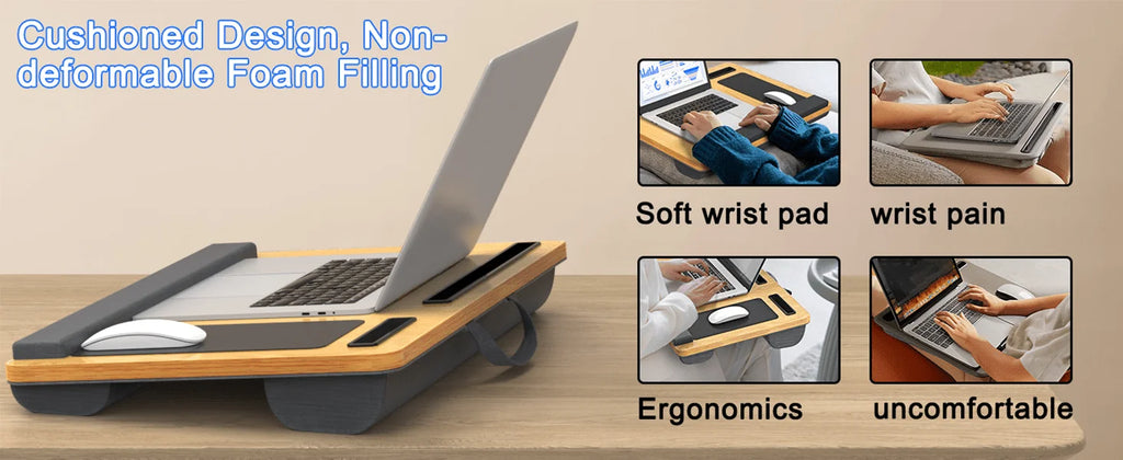 Laptop table with mouse pad, slots for tablet and phone, portable handle, suitable for outdoor and in - car use as a desk