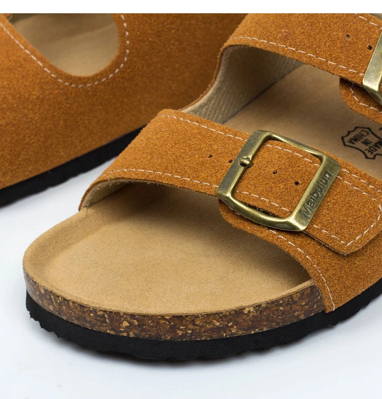 Nubuck Women Cork Slippers Summer Mule Clogs Flats Sandals Slides Casual Beach Couple Double Buckle Soft Shoes Footwear Big Size