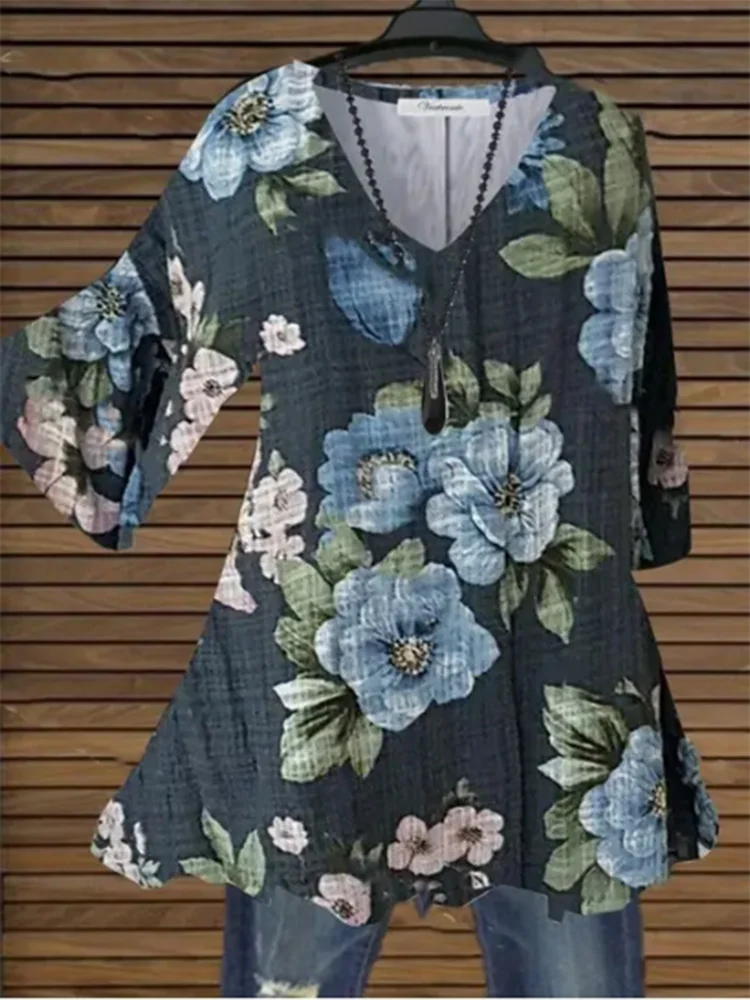 Summer V-Neck Flower Printed Short Sleeve Top Women's Classic Elegant Temperament Commuter T-Shirt