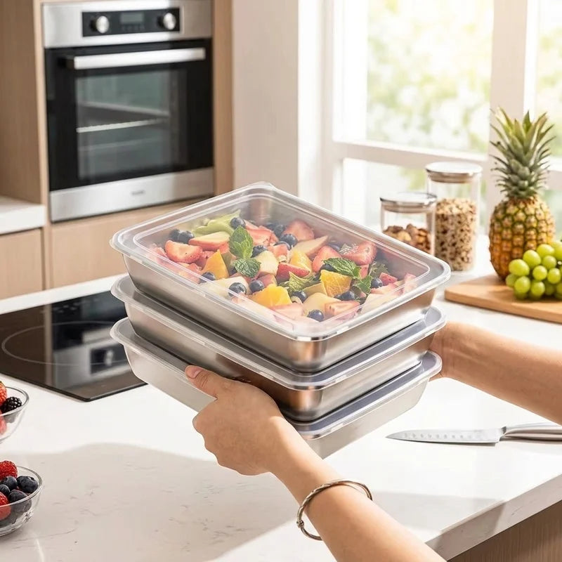 3pcs Stainless Steel Food Containers Leakproof Stackable Lunch Box with Clear Lids Kitchen Storage for Camping