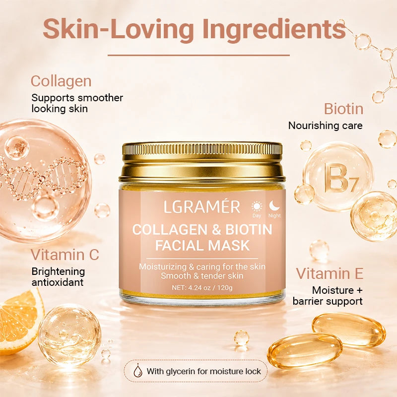 30g/60g/120g Collagen & Biotin Facial Mask,Day & Night Use, Moisturizing Hydrating, Make Skin Smooth Tender Daily Skin Care Mask
