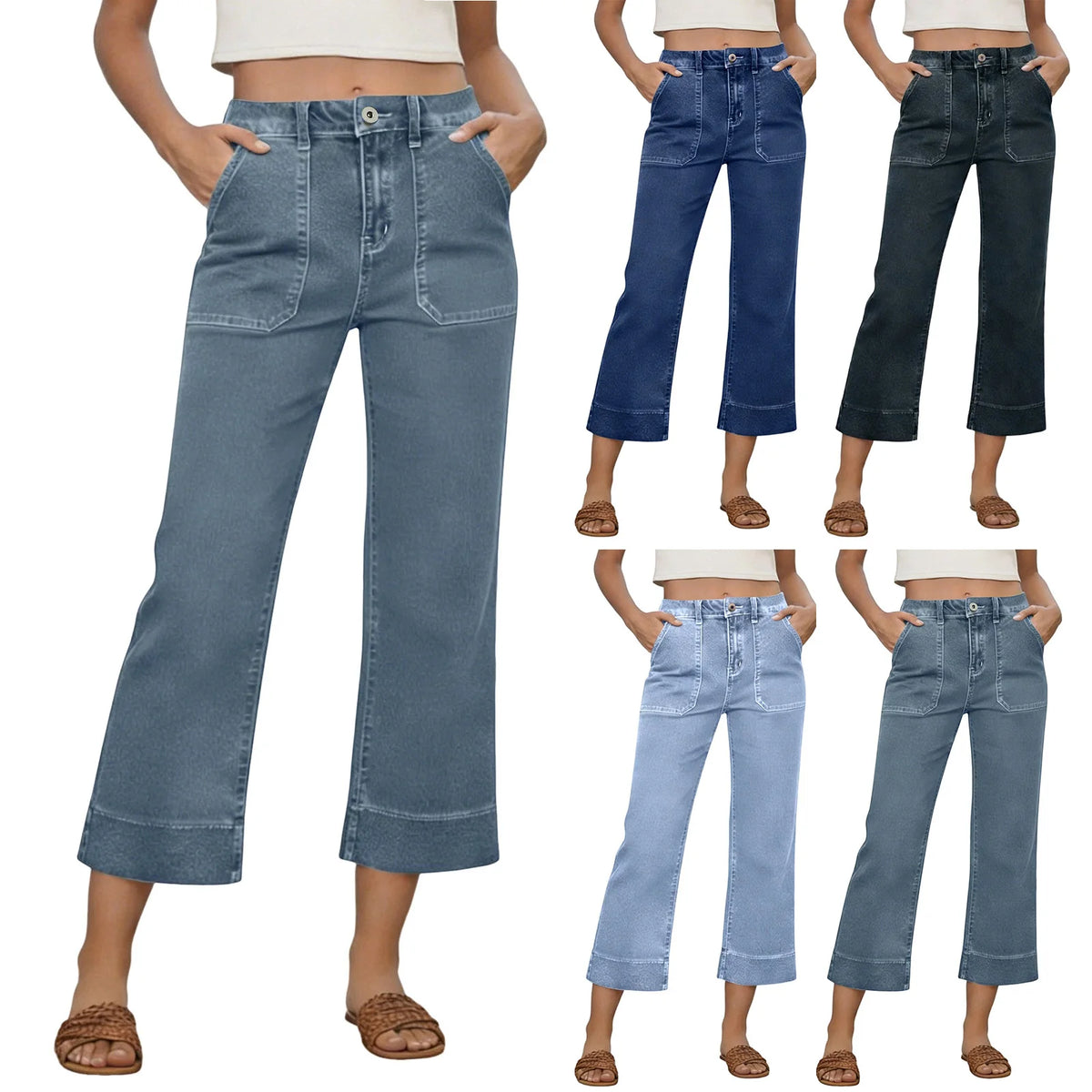 Wide Leg Jeans With Front Pockets For Women Cropped Micro Cut Pants High Waisted Patch Pocket Straight Leg Jeans Summer Pants