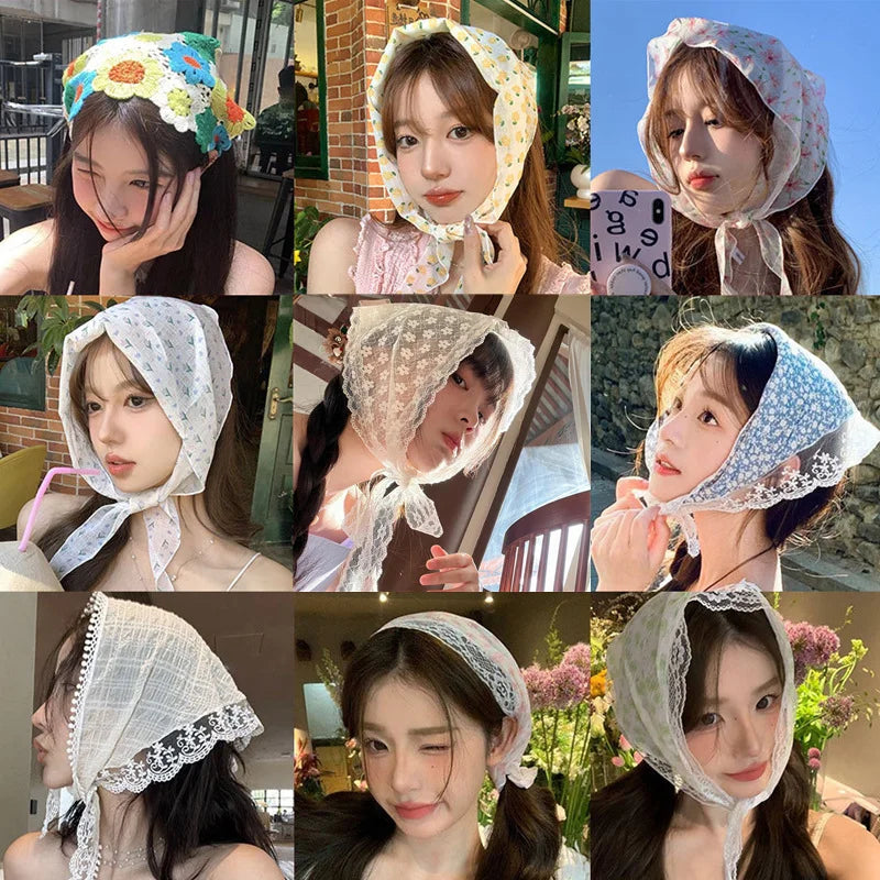Summer Headwear Headdress with French Pastoral Triangle Hair Scarf Women Girls Lace Band