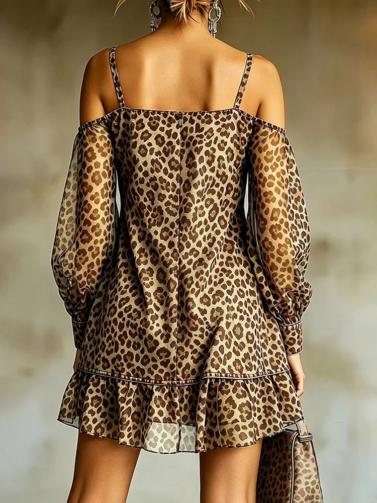 Leopard Print Off Shoulder Mini Dress Women Spaghetti Strap Lantern Sleeve Pocket Straight Loose Summer Party Sundress Vestidos