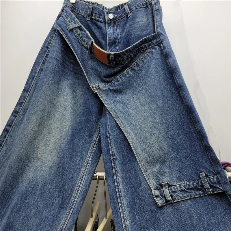 American Retro Hot Chick New Spring Autumn Wide Leg Jeans Personality Denim Splicing All-match High Waist Blue Straight Pants