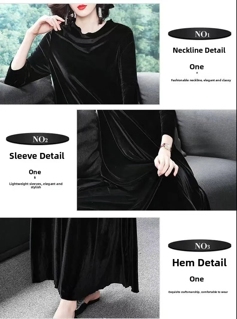 Elegant Velvet Long Sleeve Midi Dress for Women Spring Autumn New Style Casual High Waist A-Line Skirt Fashionable Dress