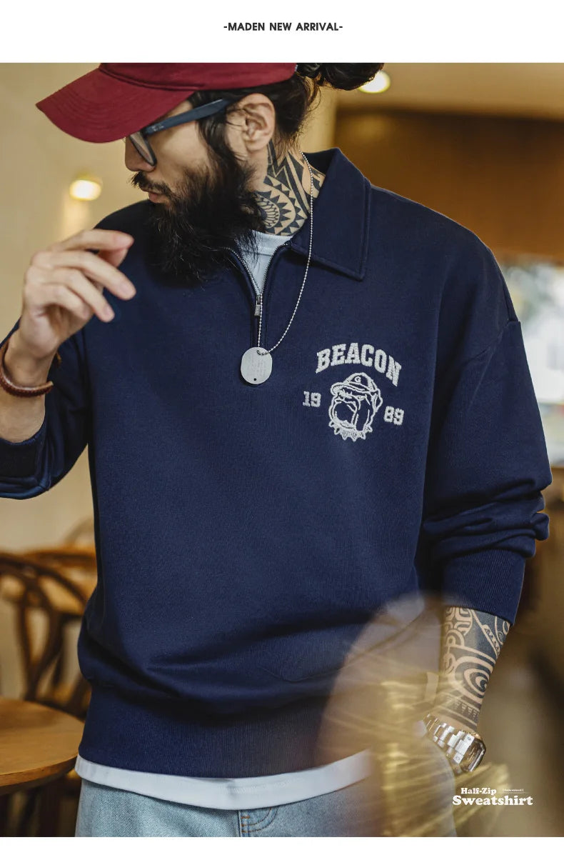 Maden Vintage Men's Long Sleeve Embroidered Sweatshirt with Letters Half-open Front Casual Hoodie Turned-up Collar for Spring