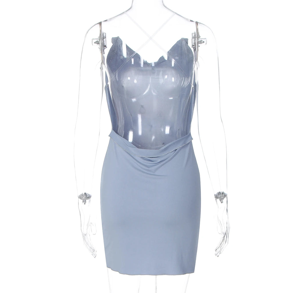 Dulzura Summer Fashion Sexy Backless Water Droplets Diamond Decorate Slim Suspender Mini Dress Evening Party Club Street Clothes