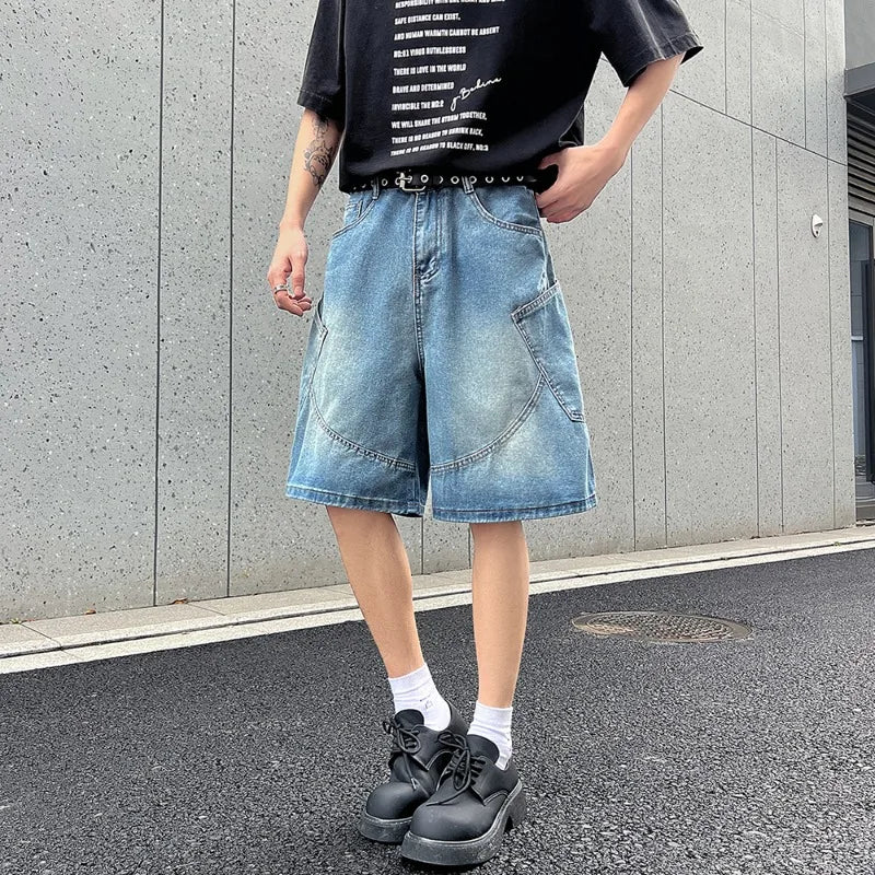 2026 Summer New Baggy Denim Shorts Fashion Casual Straight Harajuku Jeans Male Vintage Wash Drawstring Short Pants Streetwear