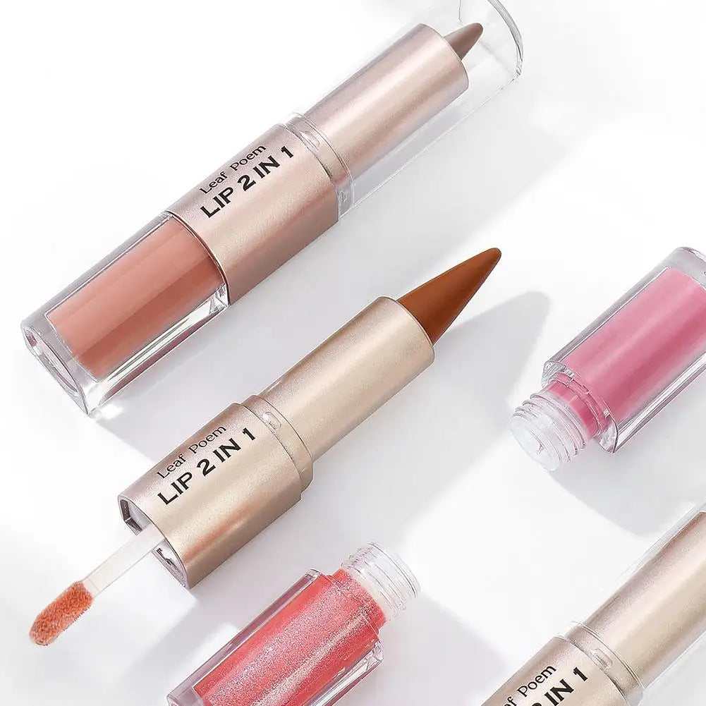 Waterproof Contour Non Stick Makeup Double-headed Matte Mirror Design Lip Glaze Nude Brown 2-in-1 Tapered Gradient Lip Liner Pen