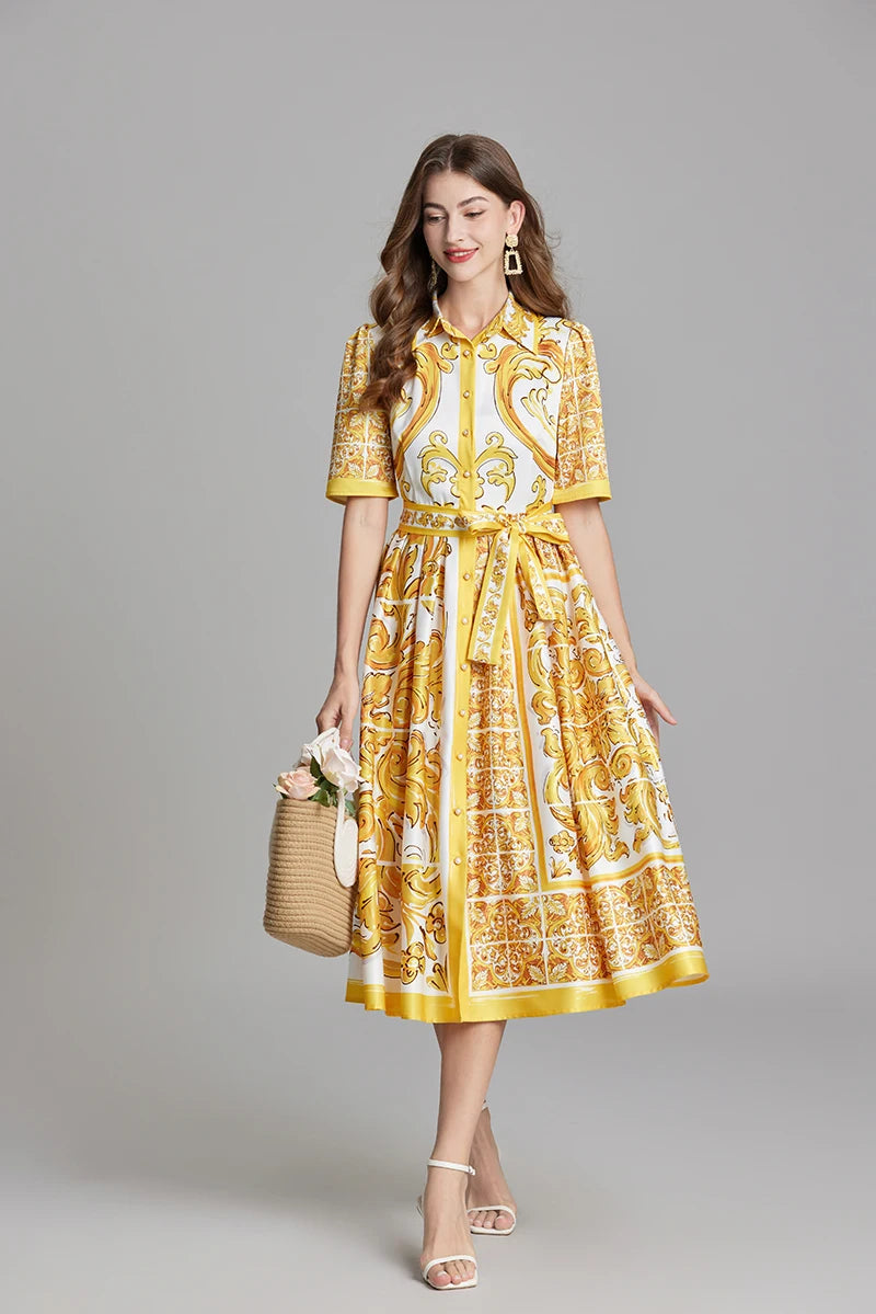 Summer Holiday Yellow Paisley Print Shirt Dresses Women's Turn Down Neck Short Sleeve Belt High Waist Beach Party Vestidos