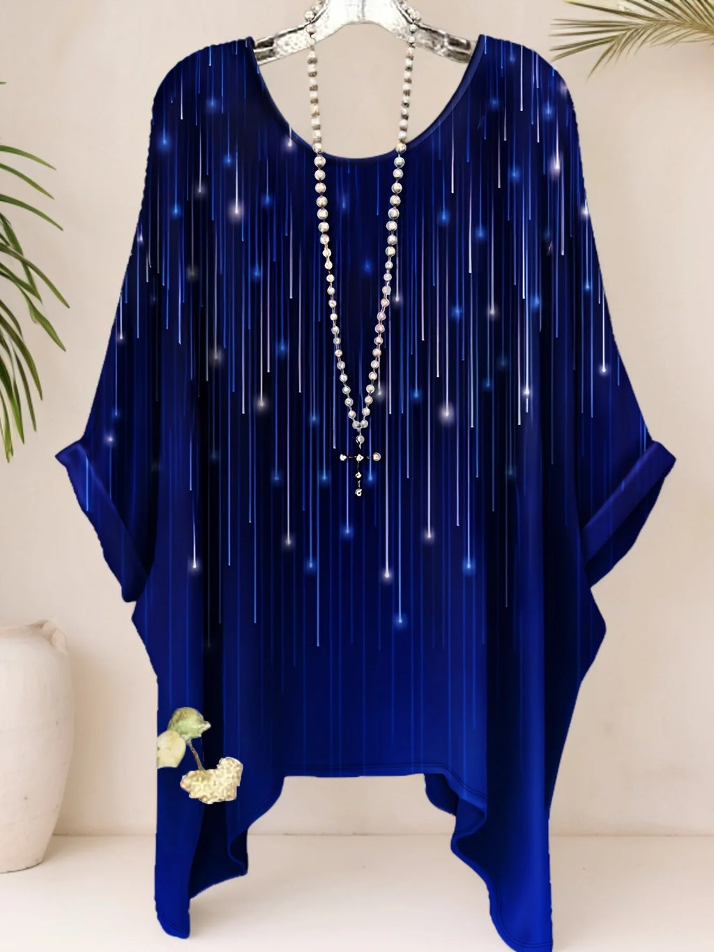 Summer Top Women New Arrival Elegant Vacation Style Plus Size Simple Casual Meteor Pattern Print Irregular Hem Round Neck T-Shir
